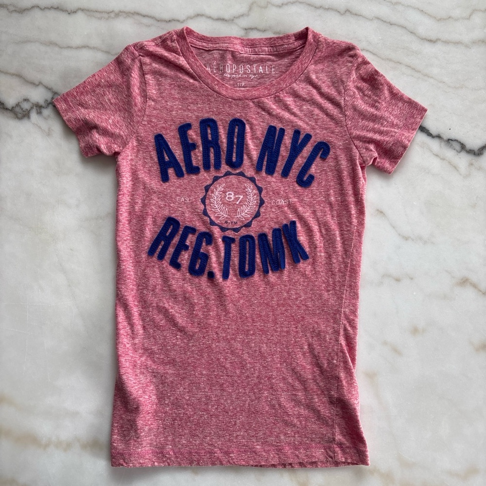 Aeropostale Pink Heathered Graphic Tee AERO NYC 87 Appliqué Logo T Shirt Size S